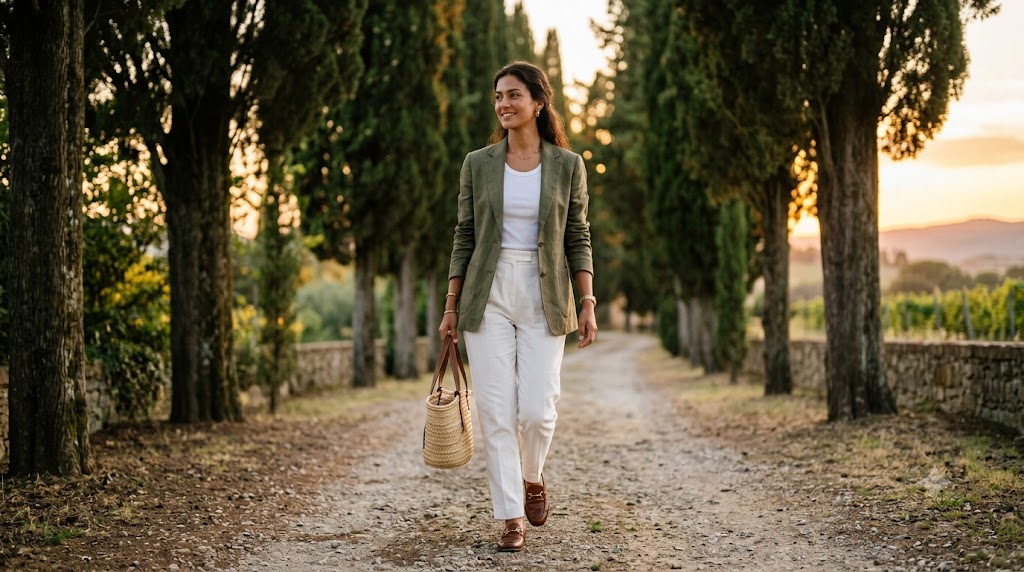 Olive Linen Blazer & White Tank Top Combo